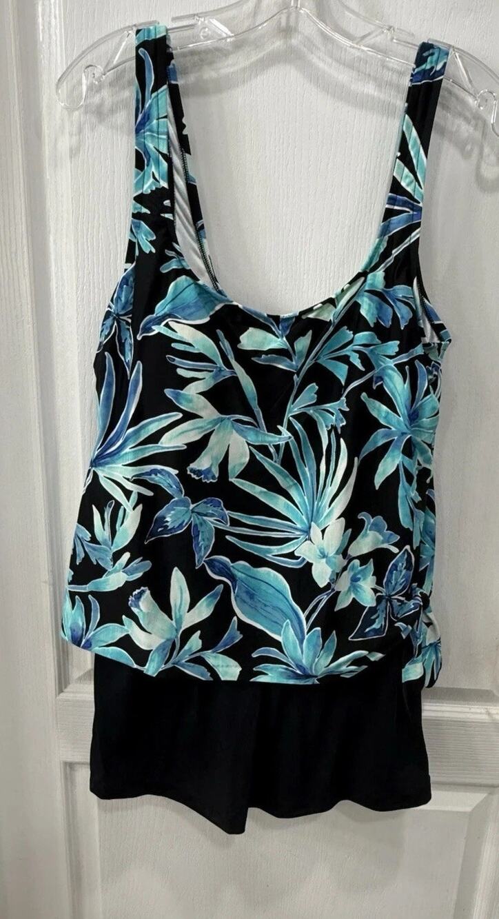 Maxine of Hollywood Women’s Swim Dress 18 Blue Tropical Slimming Side Tie